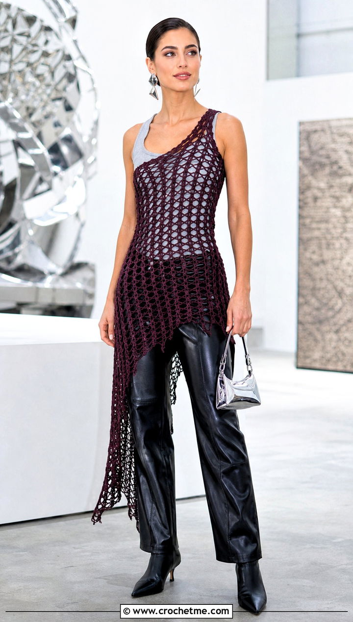 Asymmetrical Fishnet Crochet Dress With Leather Pants - 25 Fishnet Crochet Dress outfit ideas