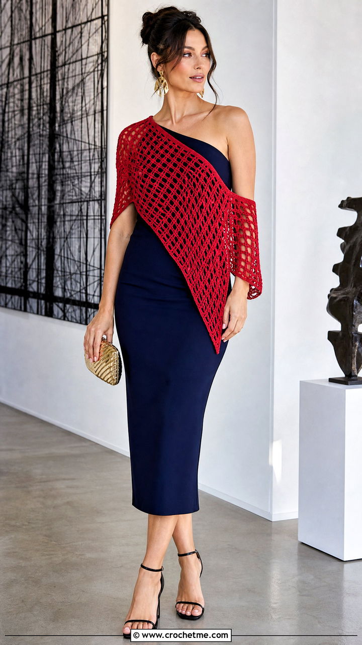 Asymmetrical Fishnet Shrug With One Shoulder Dress And Heels - 35 crochet fishnet shrug outfit ideas