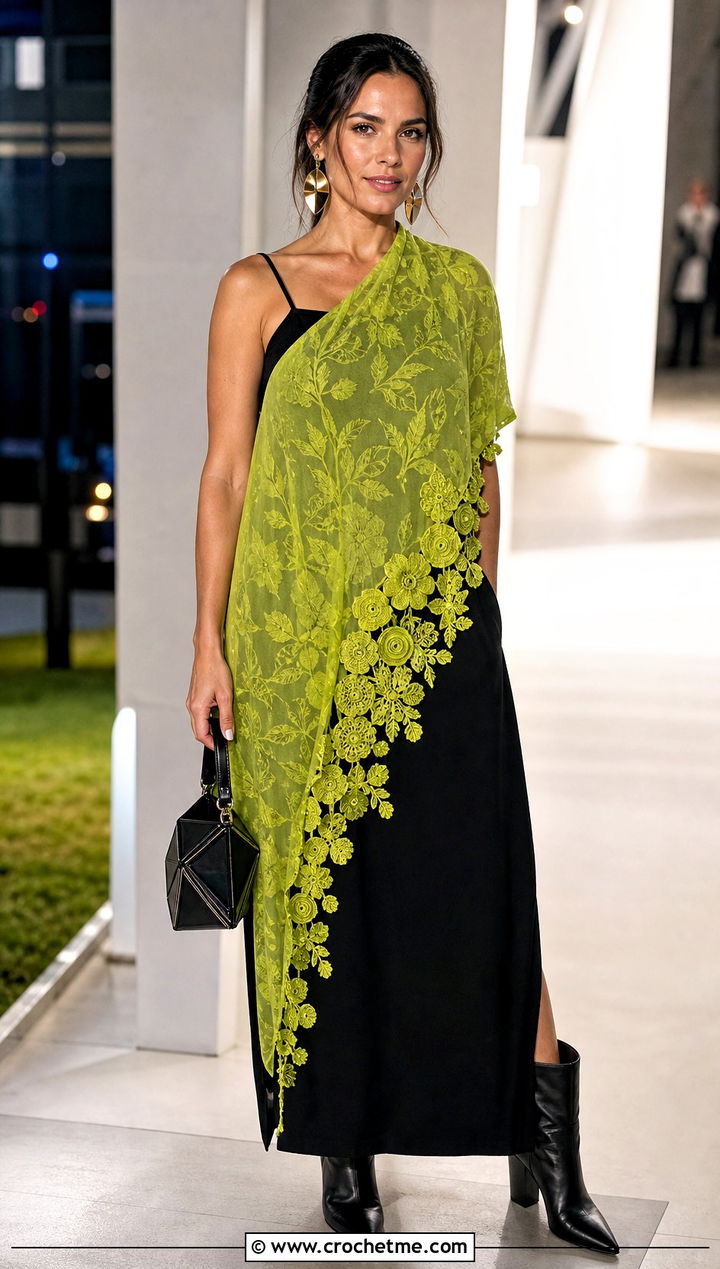 Asymmetrical Floral Scarf With Black Dress - 30 crochet scarf with flowers outfit ideas