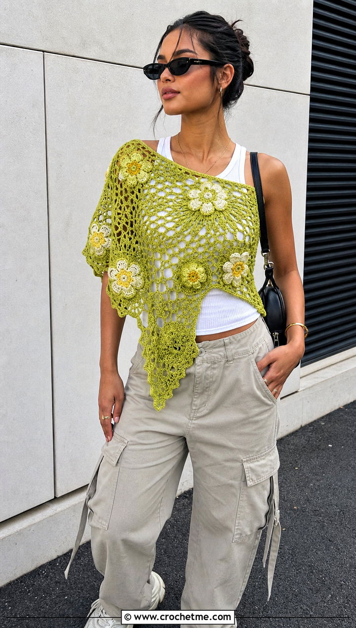 Asymmetrical Floral Shawl With Cargo Pants And Sneakers - 15 Crochet Floral Shawl outfit ideas