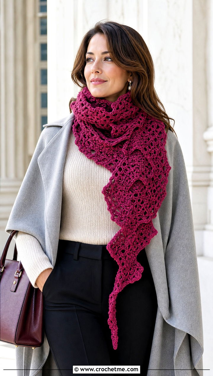Asymmetrical Freeform Crochet Scarf With Cape Coat And Slim Pants - 25 Freeform Crochet Scarf outfit ideas