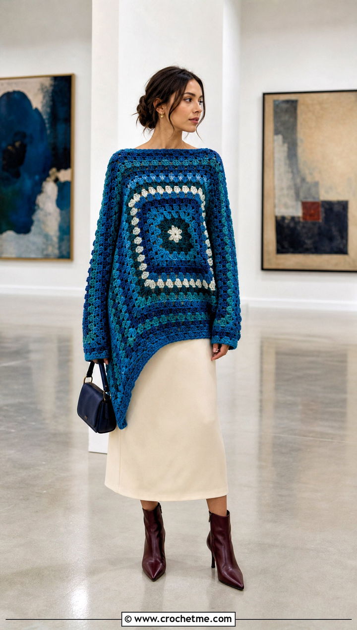 Asymmetrical Giant Granny Square Sweater With Midi Skirt - 30 giant granny square sweater outfit ideas