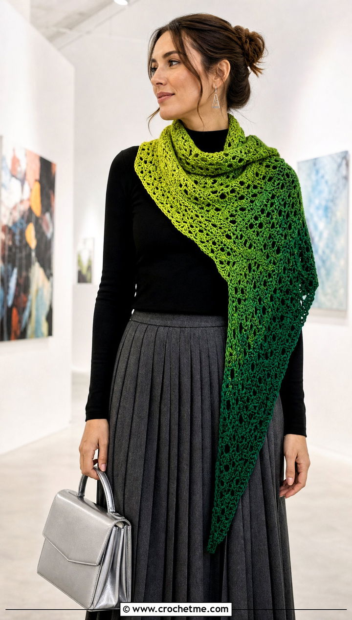 Asymmetrical Gradient Crochet Scarf With Pleated Skirt - 25 gradient crochet scarf outfit ideas