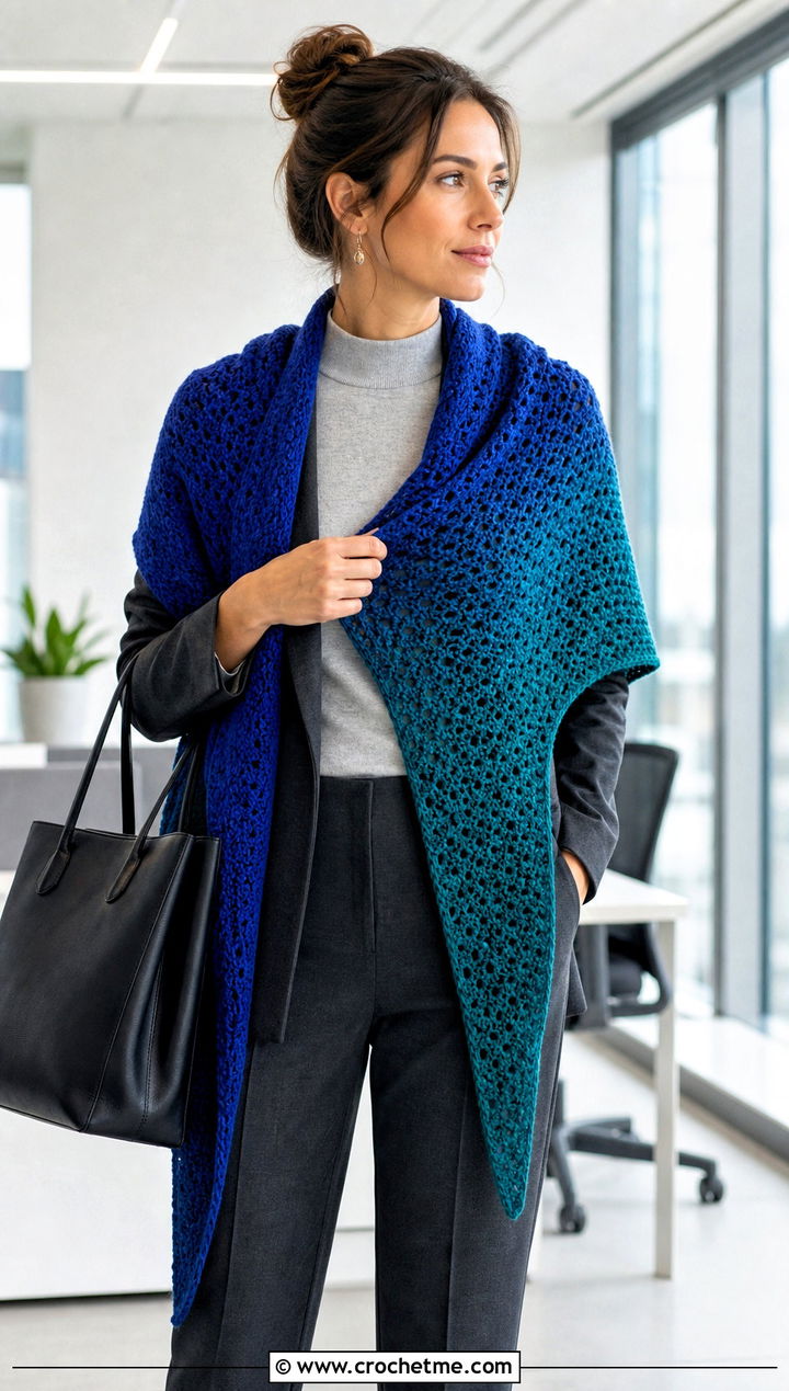 Asymmetrical Gradient Shawl With Blazer And Trousers - 15 Crochet Gradient Shawl outfit ideas
