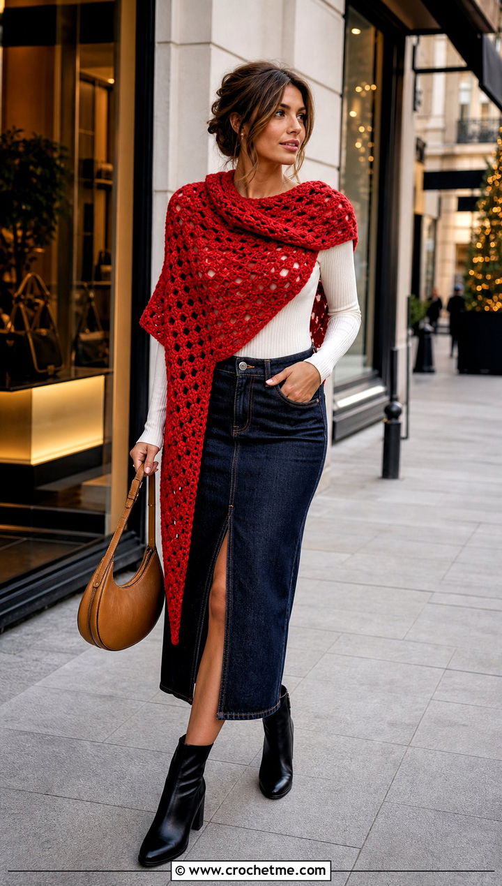 Asymmetrical Granny Crochet Shawl With Denim Midi Skirt - 15 Granny Crochet Shawl outfit ideas