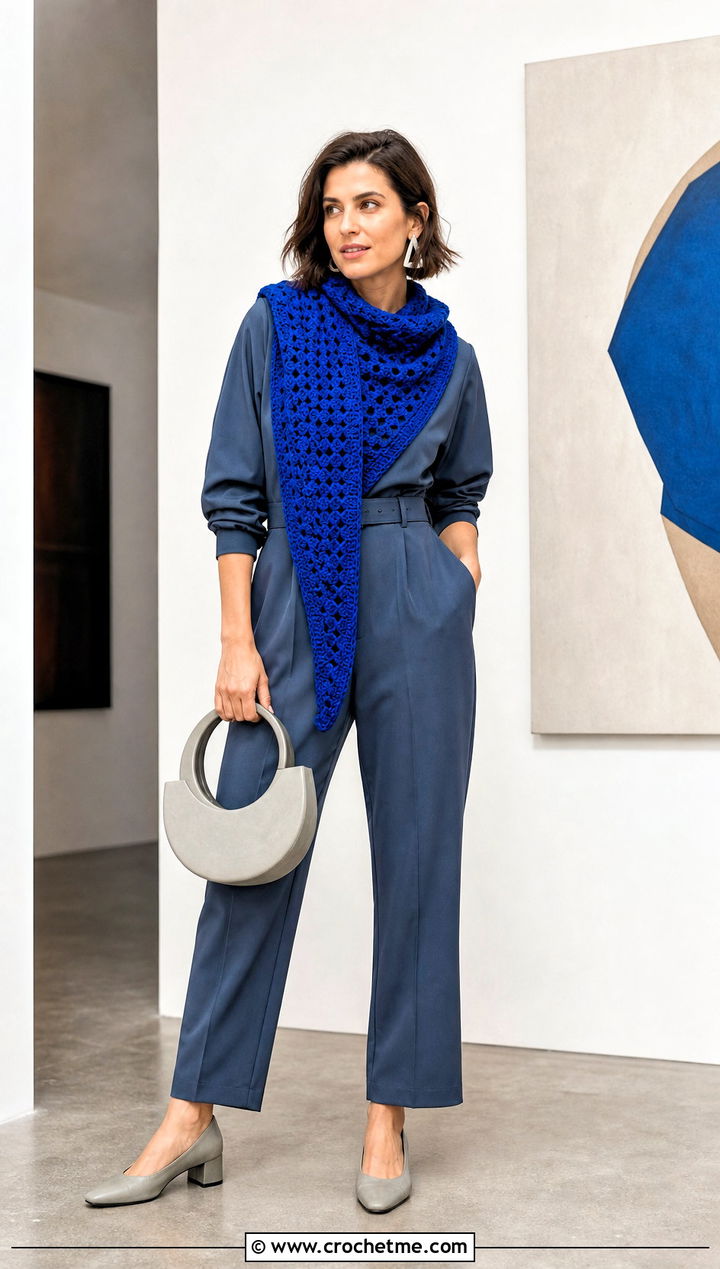 Asymmetrical Granny Scarf With Jumpsuit - 35 granny crochet scarf outfit ideas