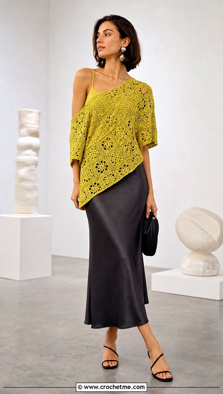 Asymmetrical Granny Square Blouse With Bias Cut Skirt - 35 Granny Square Blouse outfit ideas