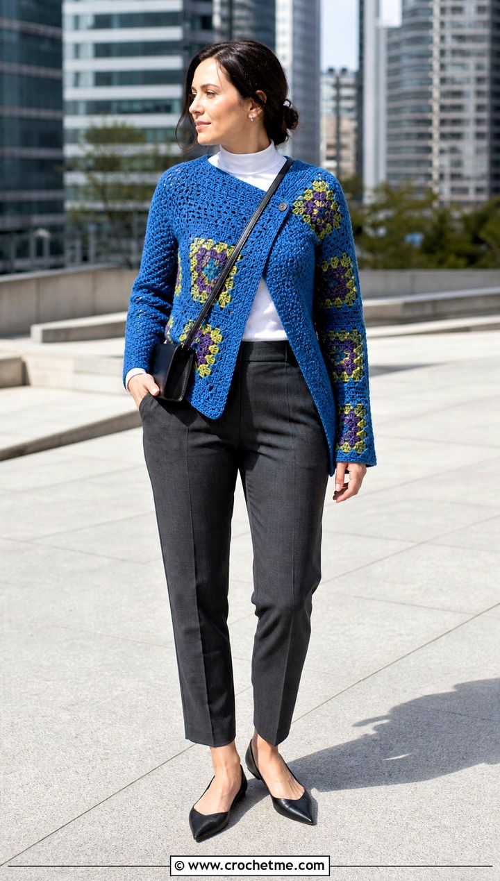 Asymmetrical Granny Square Cardigan With Tapered Trousers - 30 cardigan with granny square outfit ideas