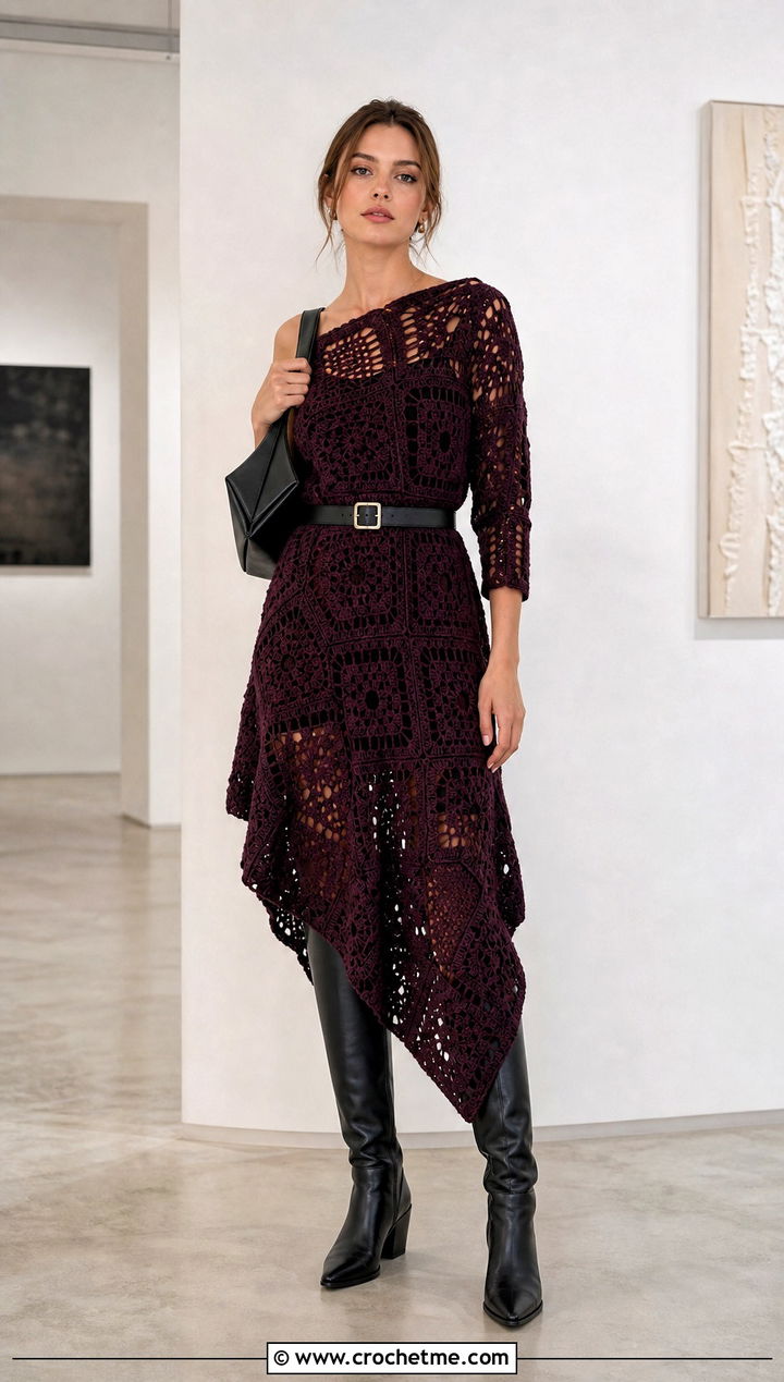 Asymmetrical Granny Square Crochet Dress With Tall Boots - 25 Granny Square Crochet Dress outfit ideas