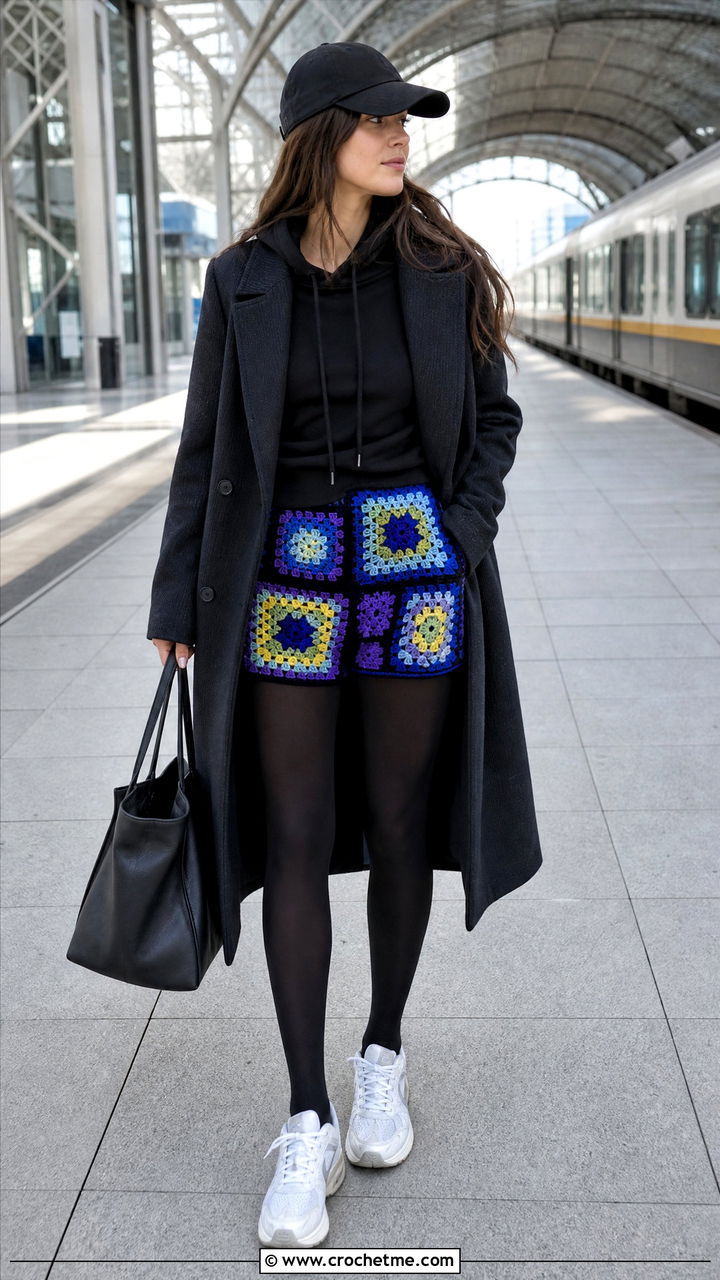 Asymmetrical Granny Square Crochet Shorts With Hoodie And Long Coat - 35 granny square crochet shorts outfit ideas