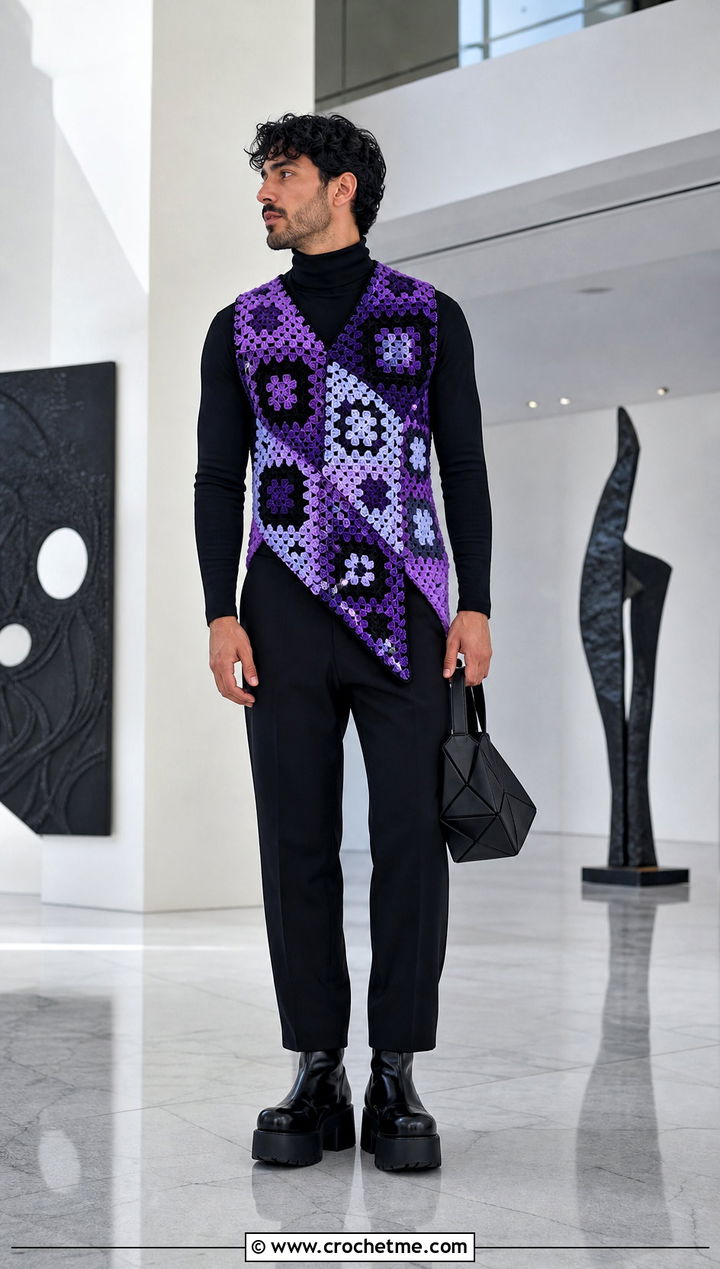Asymmetrical Granny Square Mens Vest With Black Turtleneck - 25 crochet granny square mens vest outfit ideas