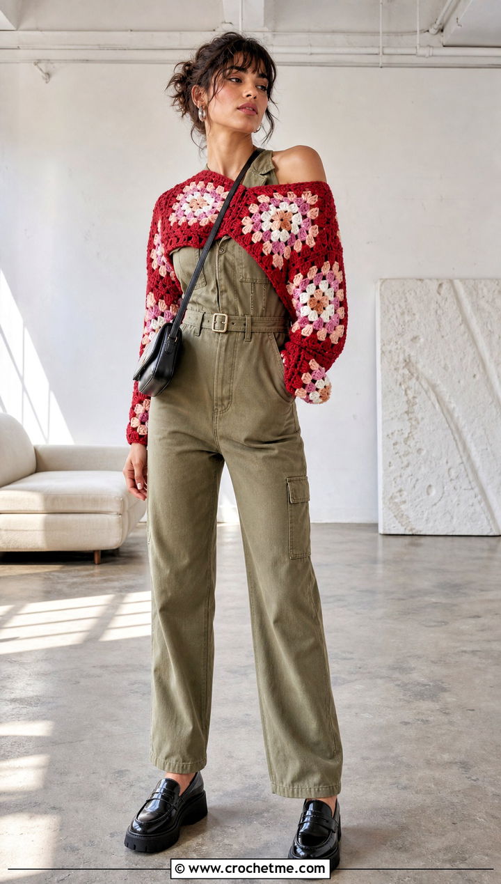 Asymmetrical Granny Square Off The Shoulder Sweater With Utility Jumpsuit - 20 granny square off the shoulder sweater outfit ideas