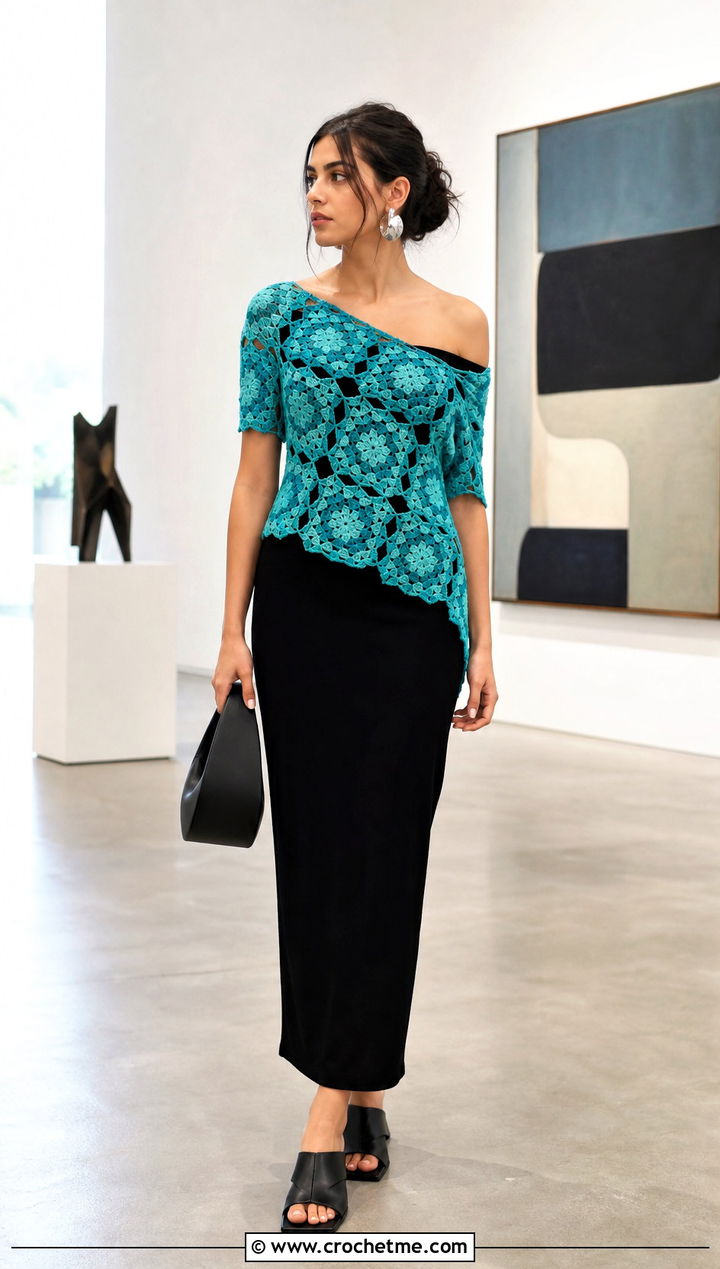 Asymmetrical Granny Square Off The Shoulder Top Over A Column Dress - 25 Granny Square Off The Shoulder Top outfit ideas