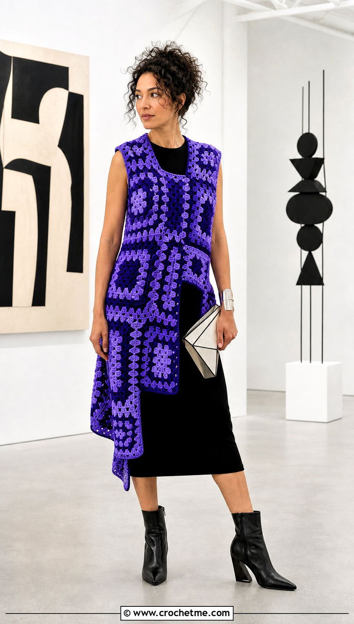 Asymmetrical Granny Square Open Vest With Black Midi Dress - 25 granny square open vest outfit ideas