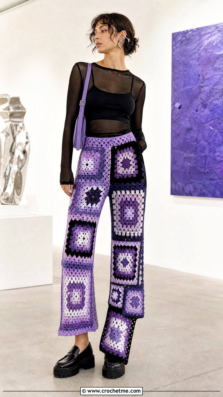 Asymmetrical Granny Square Pants With Mesh Top - 35 granny square pants outfit ideas