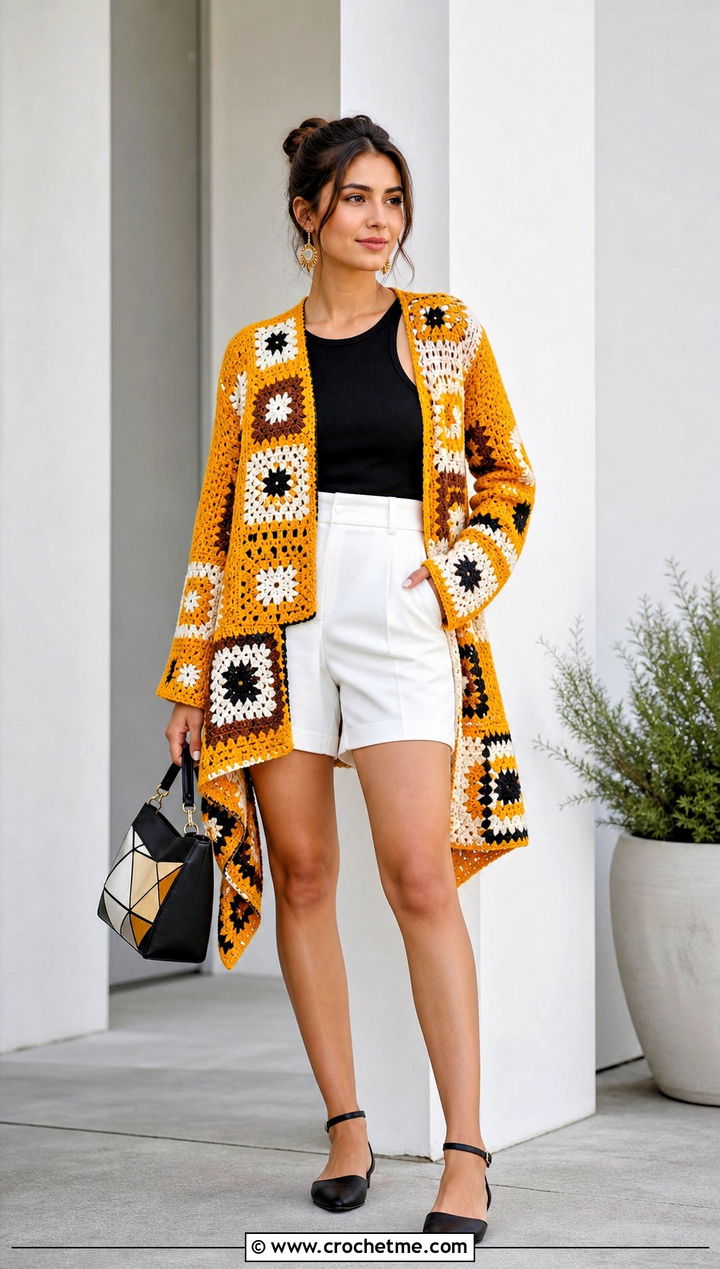Asymmetrical Granny Square Patchwork Cardigan With Tailored Shorts - 30 Granny Square Patchwork Cardigan outfit ideas
