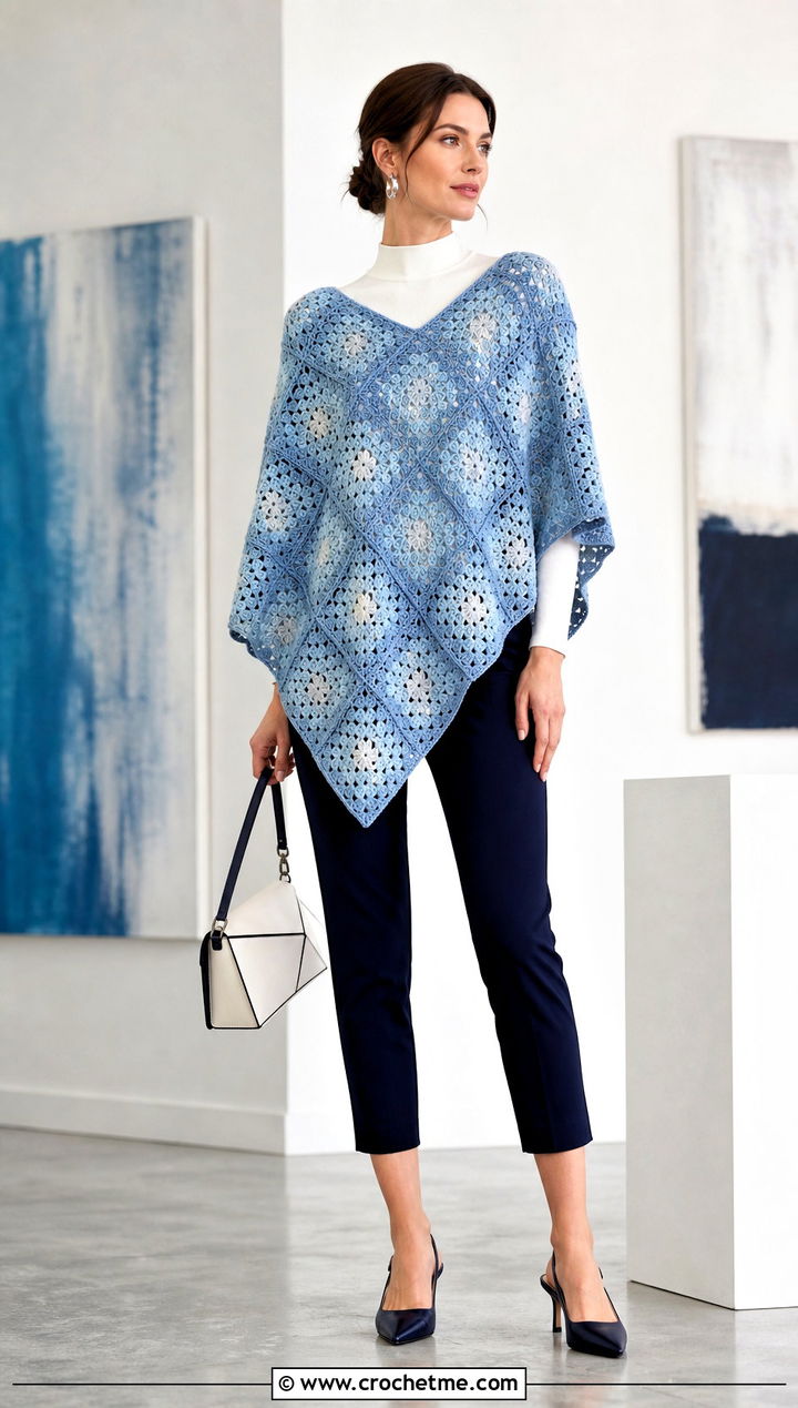 Asymmetrical Granny Square Poncho With Cigarette Pants - 25 Granny Squares Poncho outfit ideas