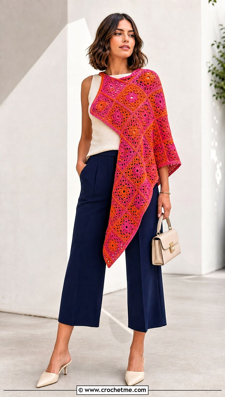 Asymmetrical Granny Square Poncho With Culottes - 35 granny square poncho outfit ideas