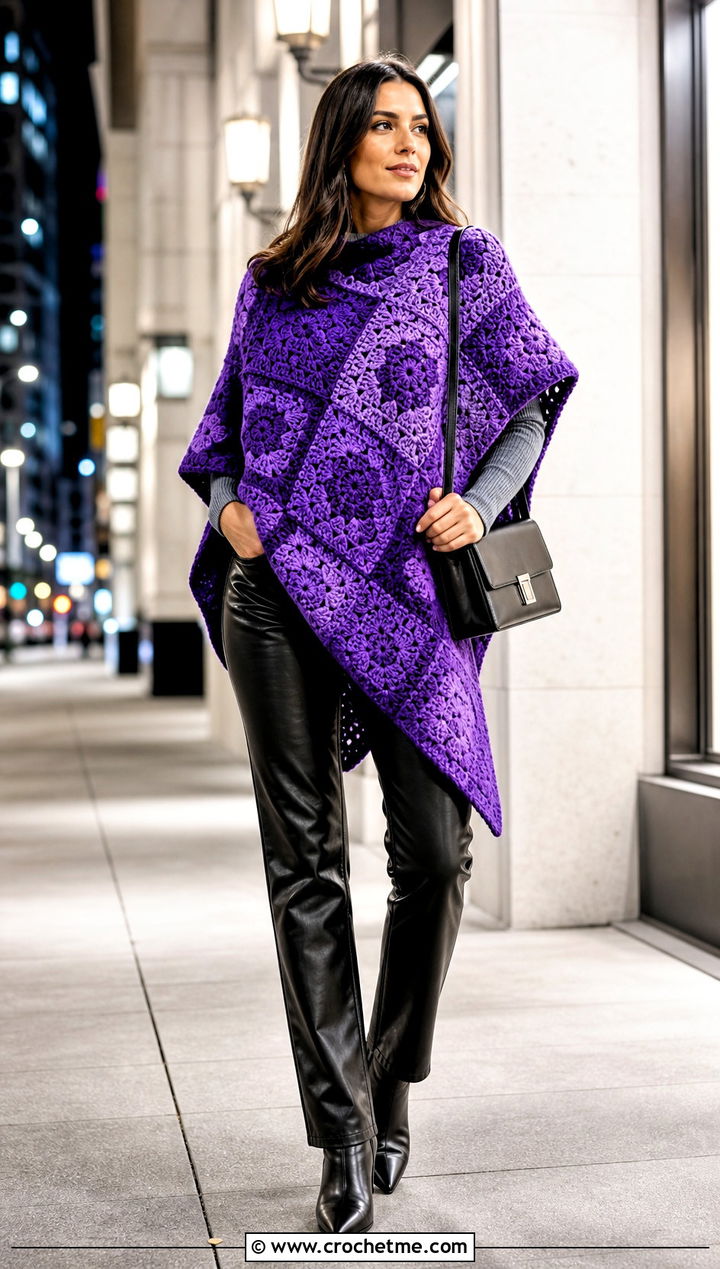 Asymmetrical Granny Square Poncho With Leather Pants - 15 easy granny square poncho outfit ideas