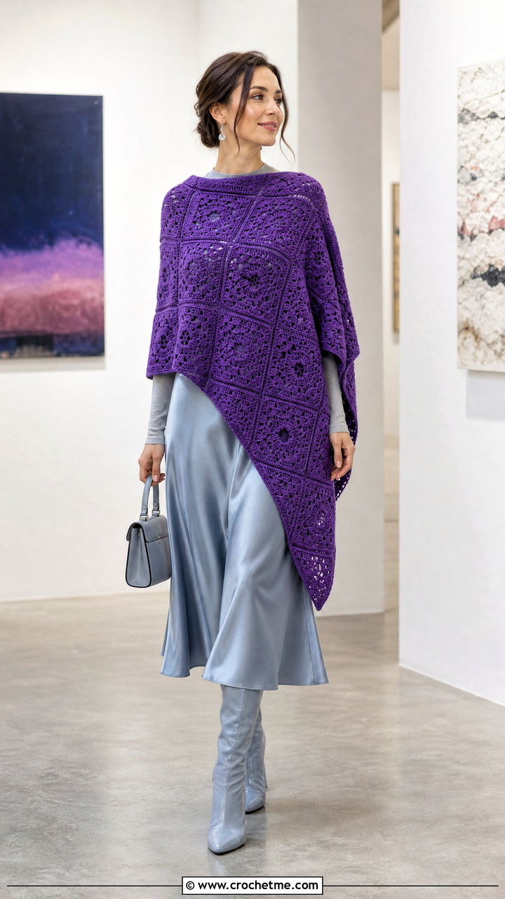 Asymmetrical Granny Square Poncho With Midi Skirt - 35 crochet granny square poncho outfit ideas