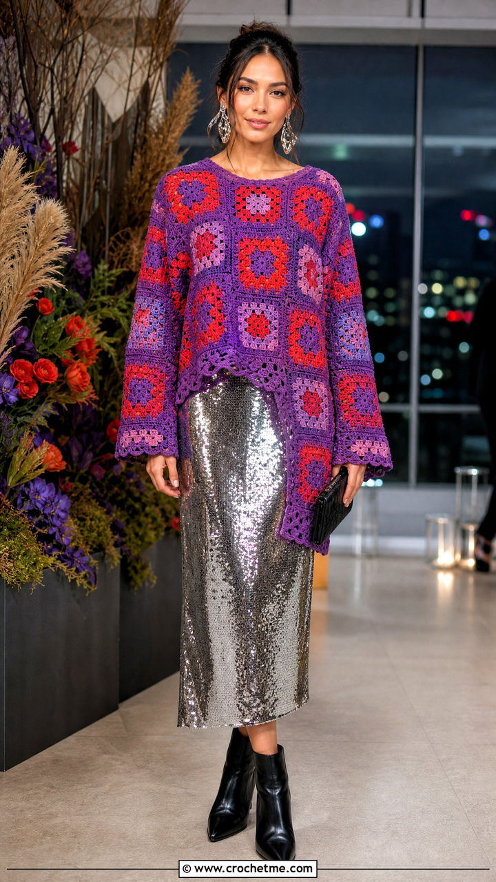 Asymmetrical Granny Square Pullover With Sequin Skirt - 35 crochet granny square pullover outfit ideas