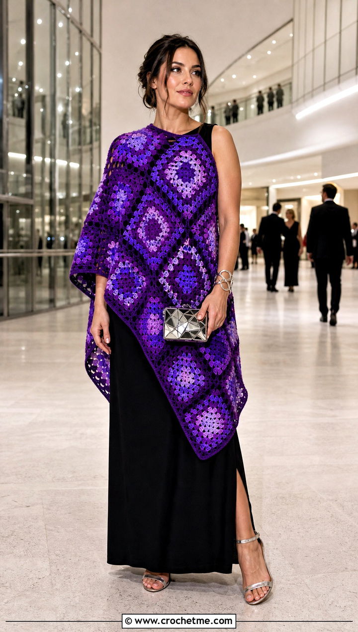 Asymmetrical Granny Square Ruana With Black Maxi Dress - 25 Granny Square Ruana outfit ideas