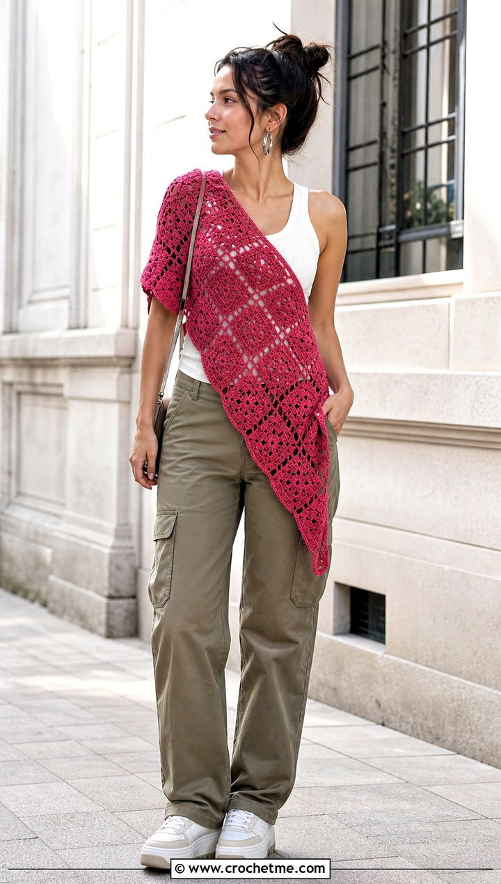 Asymmetrical Granny Square Shawl With Tank Top And Cargo Pants - 35 granny square shawl outfit ideas