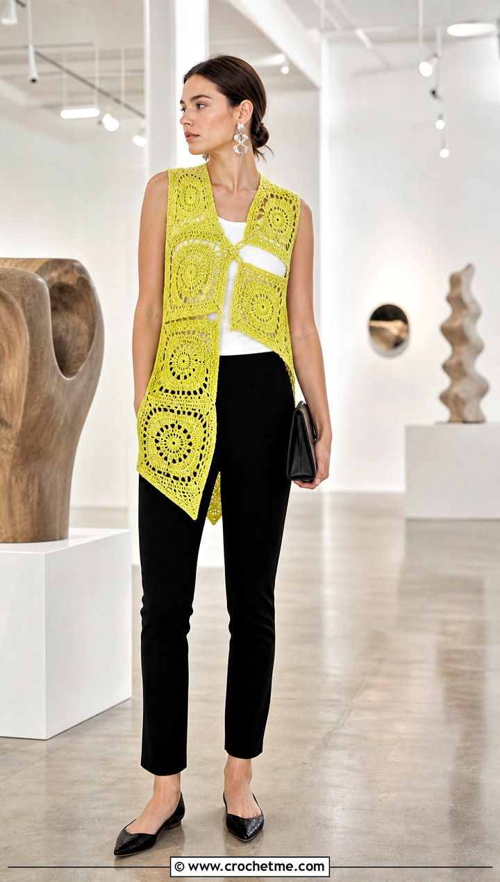 Asymmetrical Granny Square Sleeveless Cardigan With Slim Pants - 30 granny square sleeveless cardigan outfit ideas