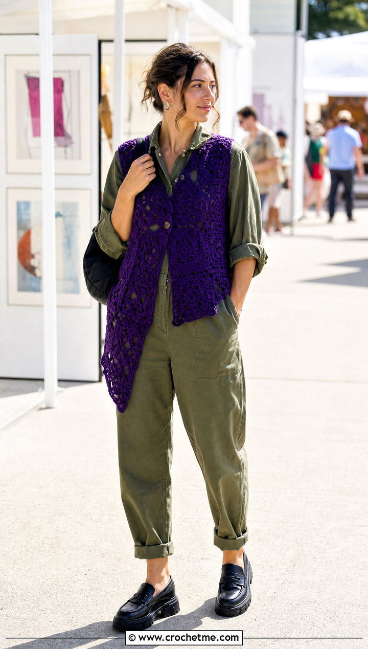 Asymmetrical Granny Square Sleeveless Vest With Utility Jumpsuit - 20 Granny Square Sleeveless Vest outfit ideas