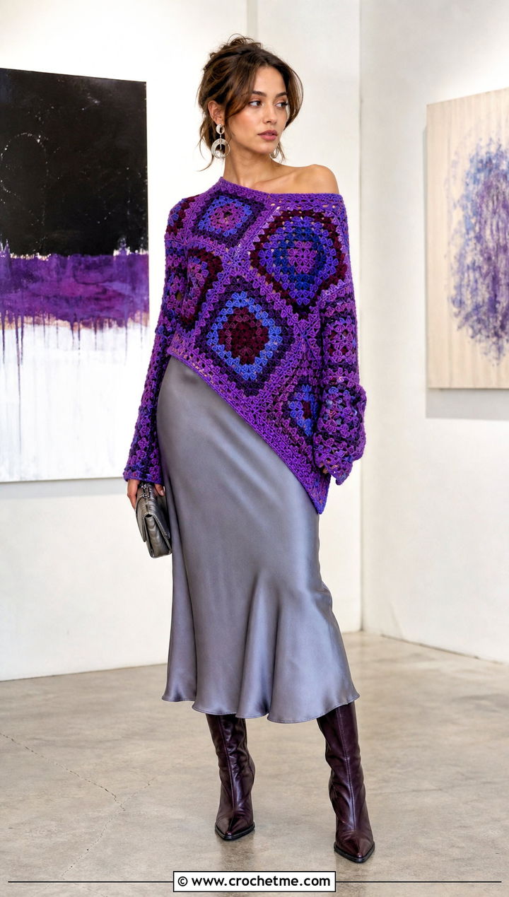 Asymmetrical Granny Square Sweater With Bias Cut Skirt - 25 Fall Granny Square Sweater outfit ideas