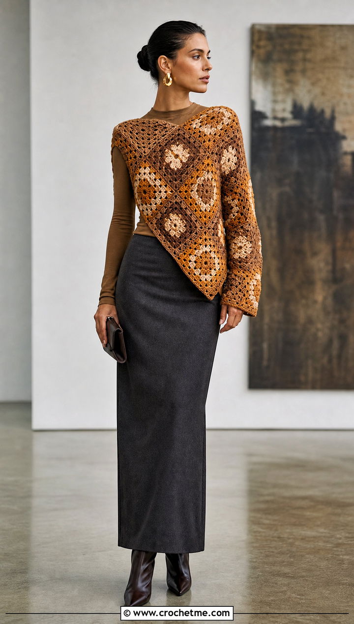 Asymmetrical Granny Square Sweater With Tailored Maxi Skirt - 25 granny crochet sweater outfit ideas