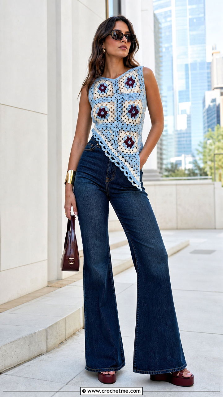 Asymmetrical Granny Square Top With Flared Jeans - 35 crochet granny square tops outfit ideas