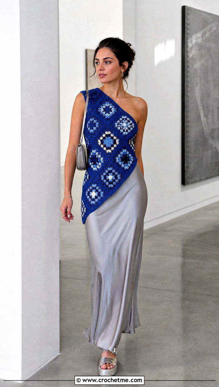 Asymmetrical Granny Square Top With Maxi Skirt - 20 Crochet Granny Square Tops For Women outfit ideas