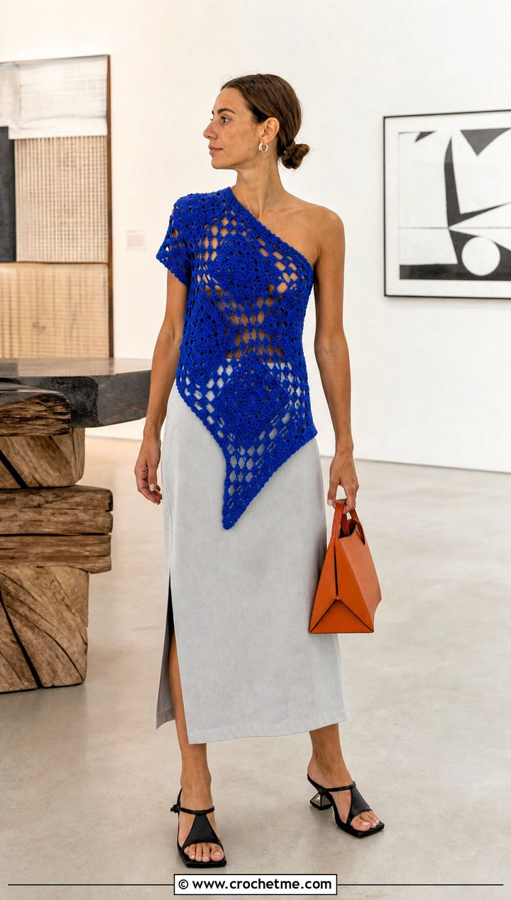 Asymmetrical Granny Square Top With Straight Midi Skirt - 35 granny squares top outfit ideas