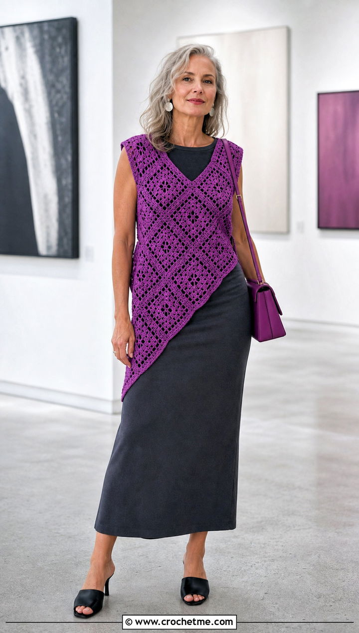 Asymmetrical Granny Square Vest With Midi Dress - 25 Granny Squares Vest outfit ideas