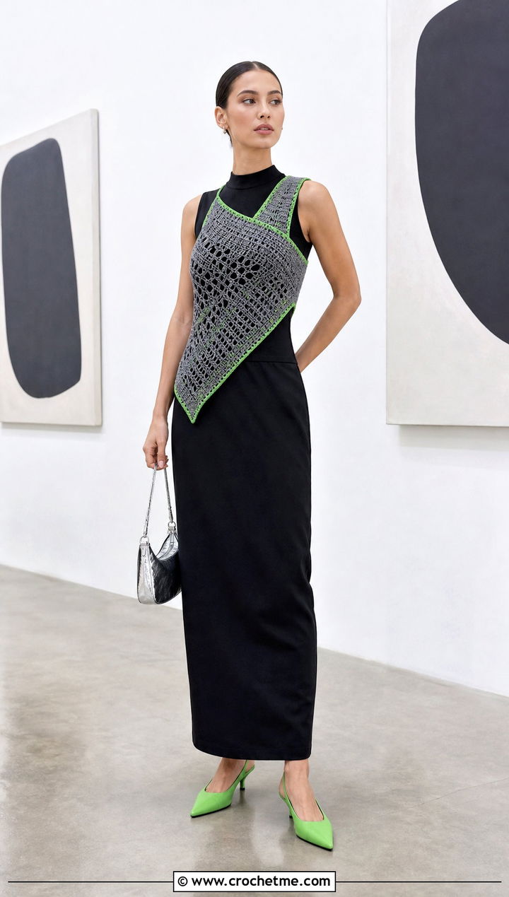 Asymmetrical Gray Crochet Vest With Column Skirt - 15 gray crochet vest outfit ideas
