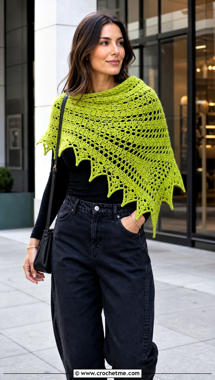 Asymmetrical Halloween Shawl With Tank Top and Barrel Jeans - 25 halloween crochet shawl outfit ideas