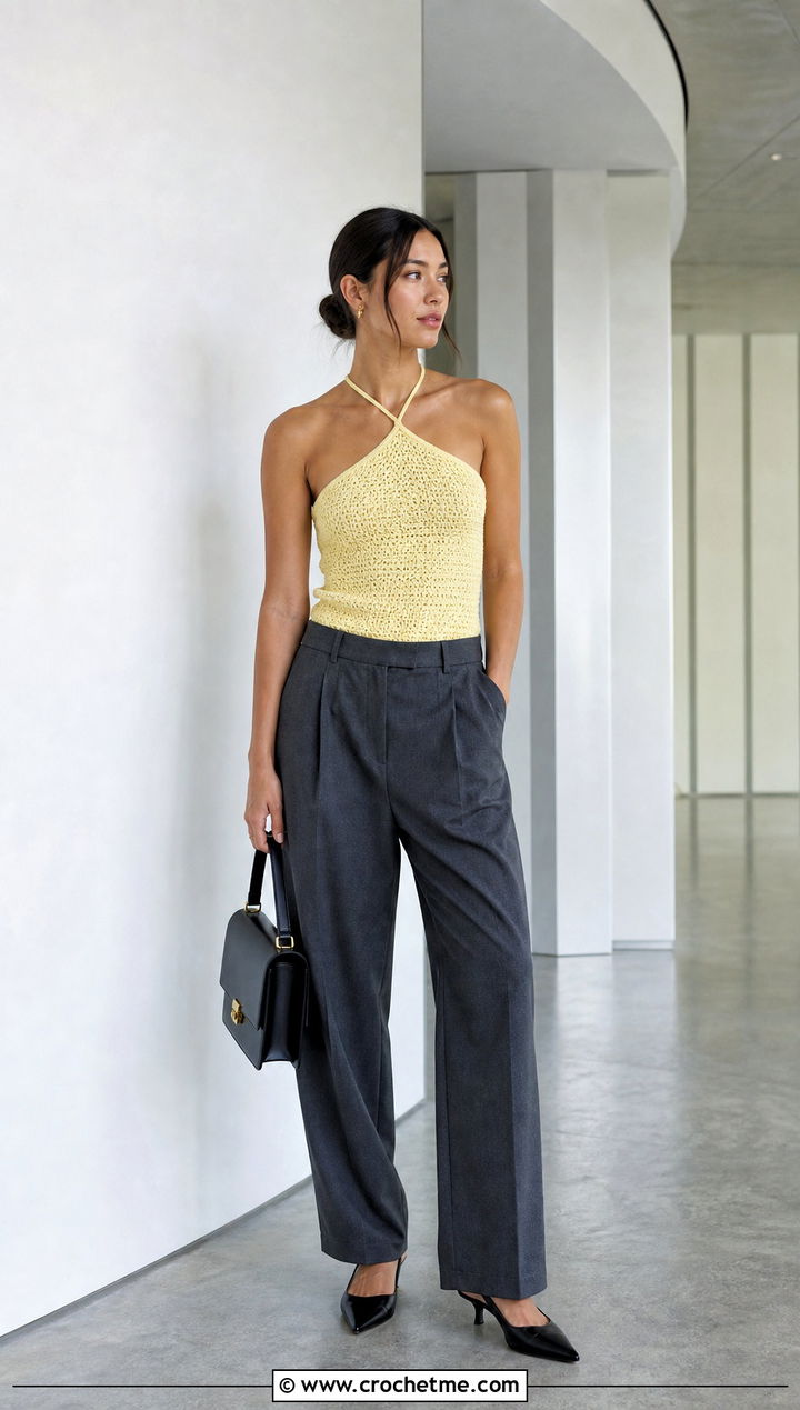 Asymmetrical Halter Crochet One Strap Top With Tailored Trousers - 20 Crochet One Strap Top outfit ideas