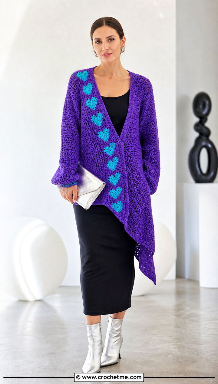 Asymmetrical Heart Cardigan With Black Midi Dress - 35 crochet heart cardigan outfit ideas