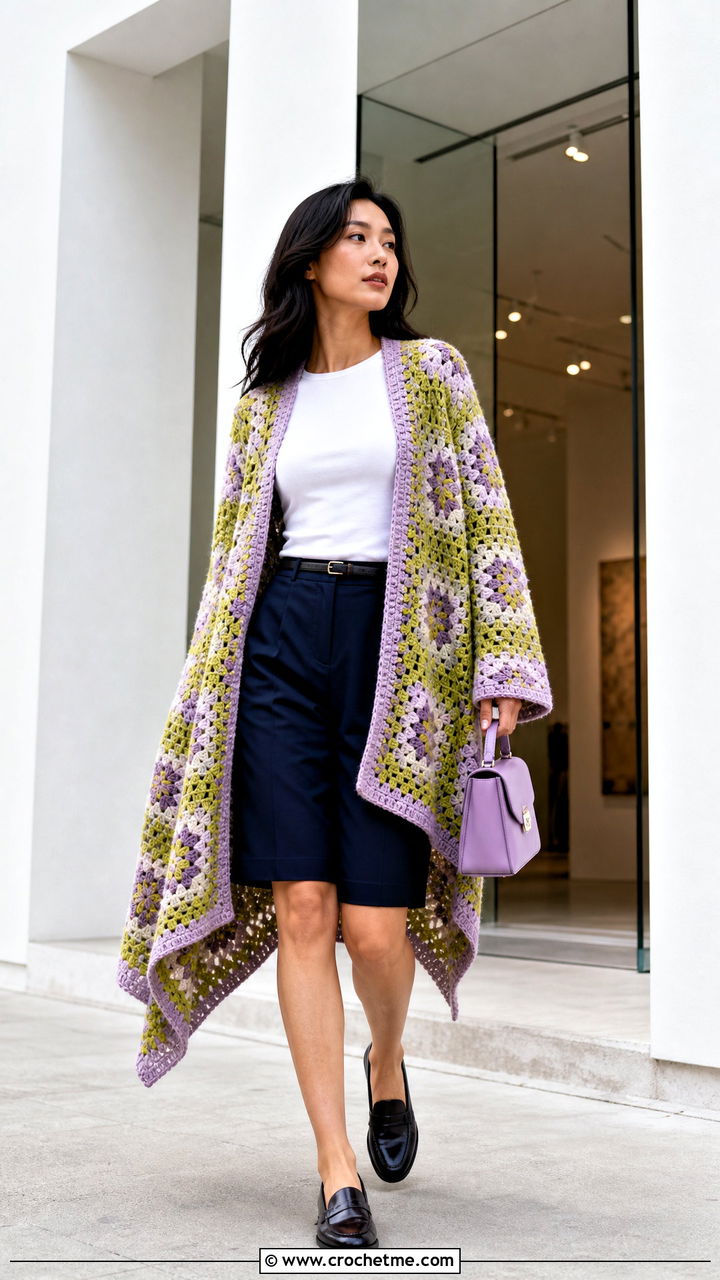 Asymmetrical Hem Big Granny Square Cardigan With Tailored Bermudas - 35 Big Granny Square Cardigan outfit ideas