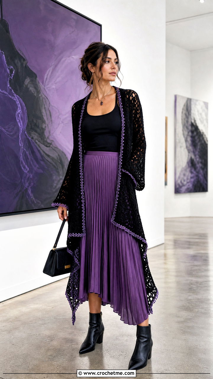 Asymmetrical Hem Black Crochet Cardigan With Pleated Skirt - 35 black crochet cardigan outfit ideas