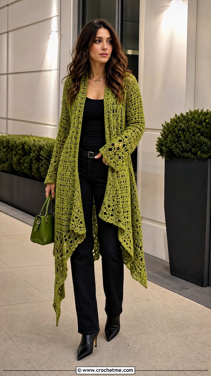 Asymmetrical Hem Crochet Boho Cardigan With Black Jeans - 35 crochet boho cardigan outfit ideas
