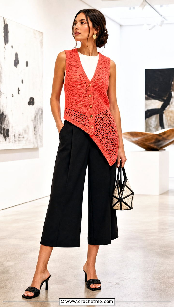 Asymmetrical Hem Crochet Button Vest With Culottes - 35 crochet button vest outfit ideas