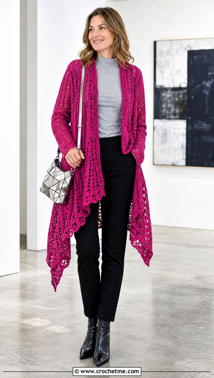 Asymmetrical Hem Crochet Cardigan With Slim Pants - 30 crochet women's cardigan outfit ideas