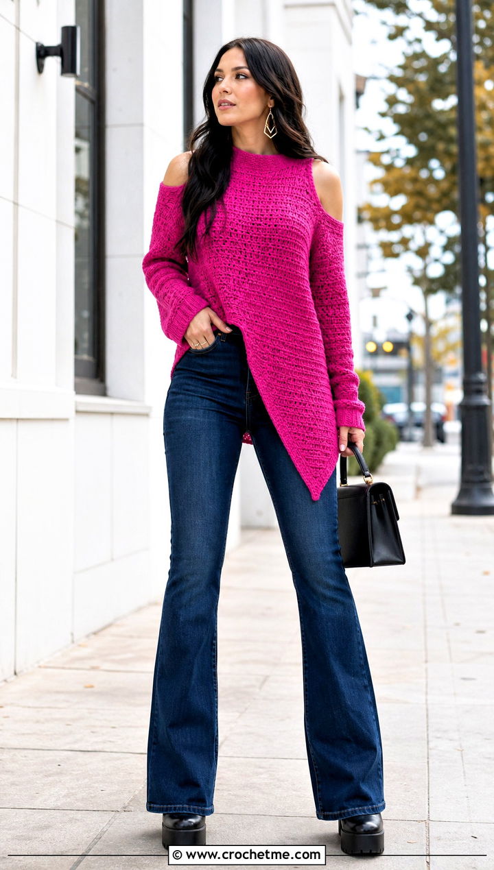 Asymmetrical Hem Crochet Cold Shoulder Sweater With Flared Jeans - 25 Crochet Cold Shoulder Sweater outfit ideas