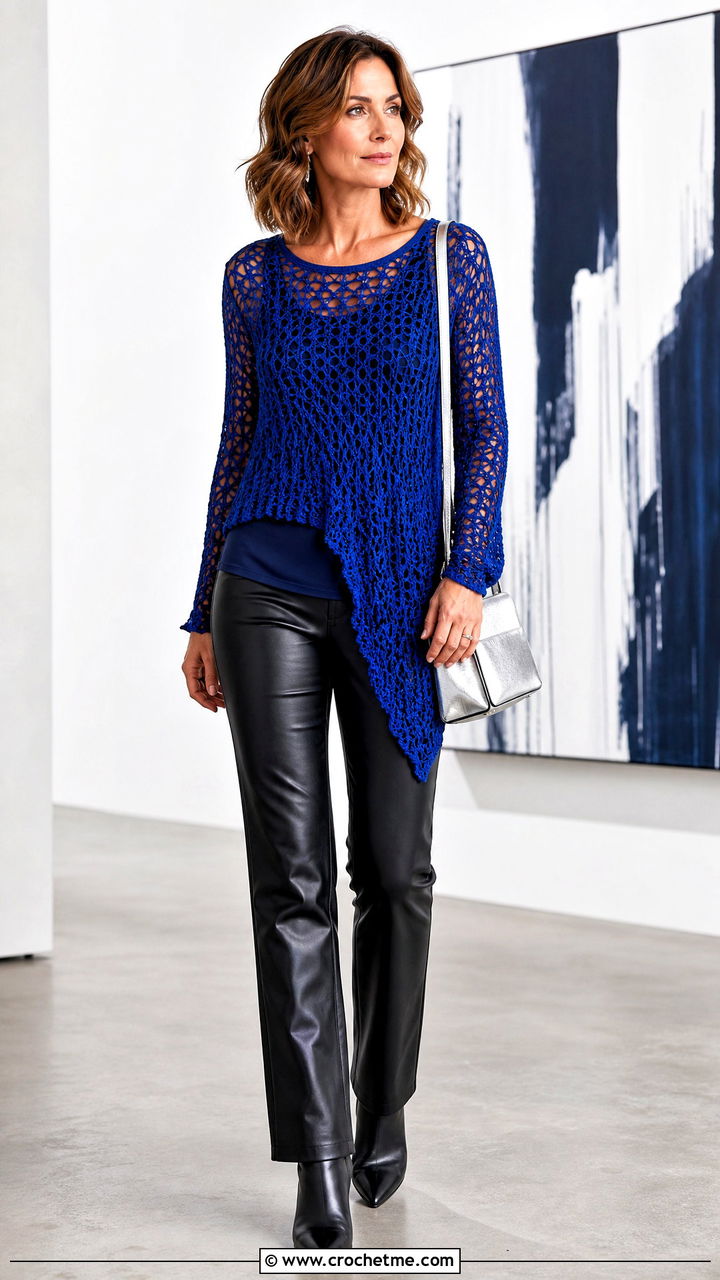 Asymmetrical Hem Crochet Cover Up Top With Leather Pants - 35 crochet cover up top outfit ideas