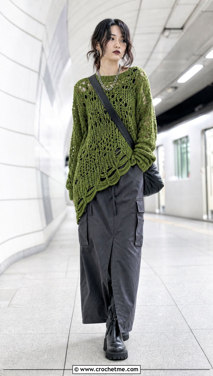 Asymmetrical Hem Crochet Grunge Sweater With Cargo Maxi Skirt - 30 crochet grunge sweater outfit ideas