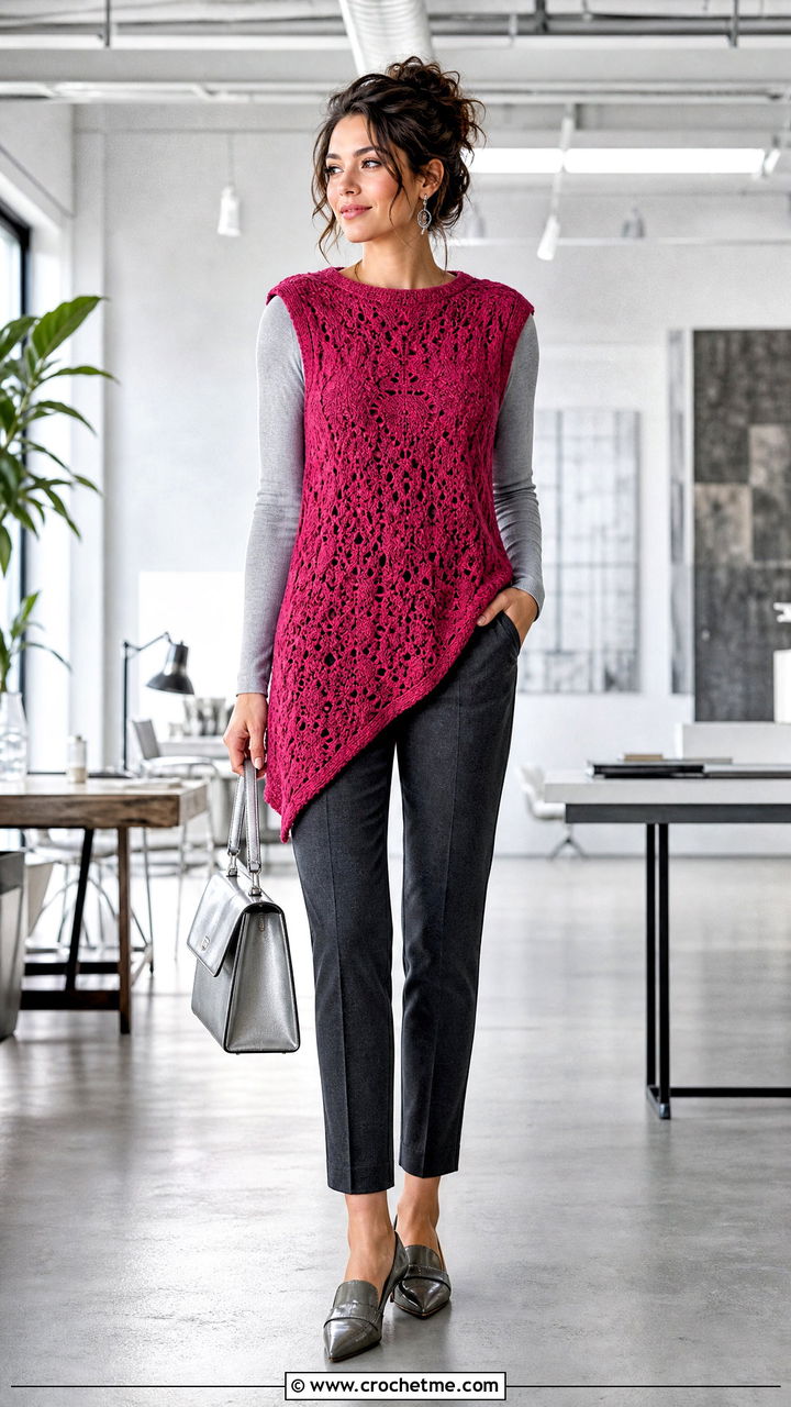 Asymmetrical Hem Crochet Sweater Vest With Slim Trousers - 35 crochet sweater vest outfit ideas