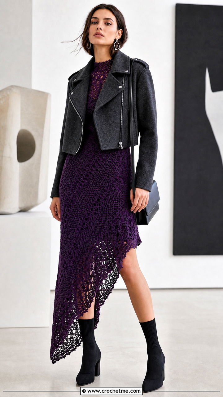 Asymmetrical Hem Crochet Winter Dress With Moto Coat - 35 crochet winter dress outfit ideas