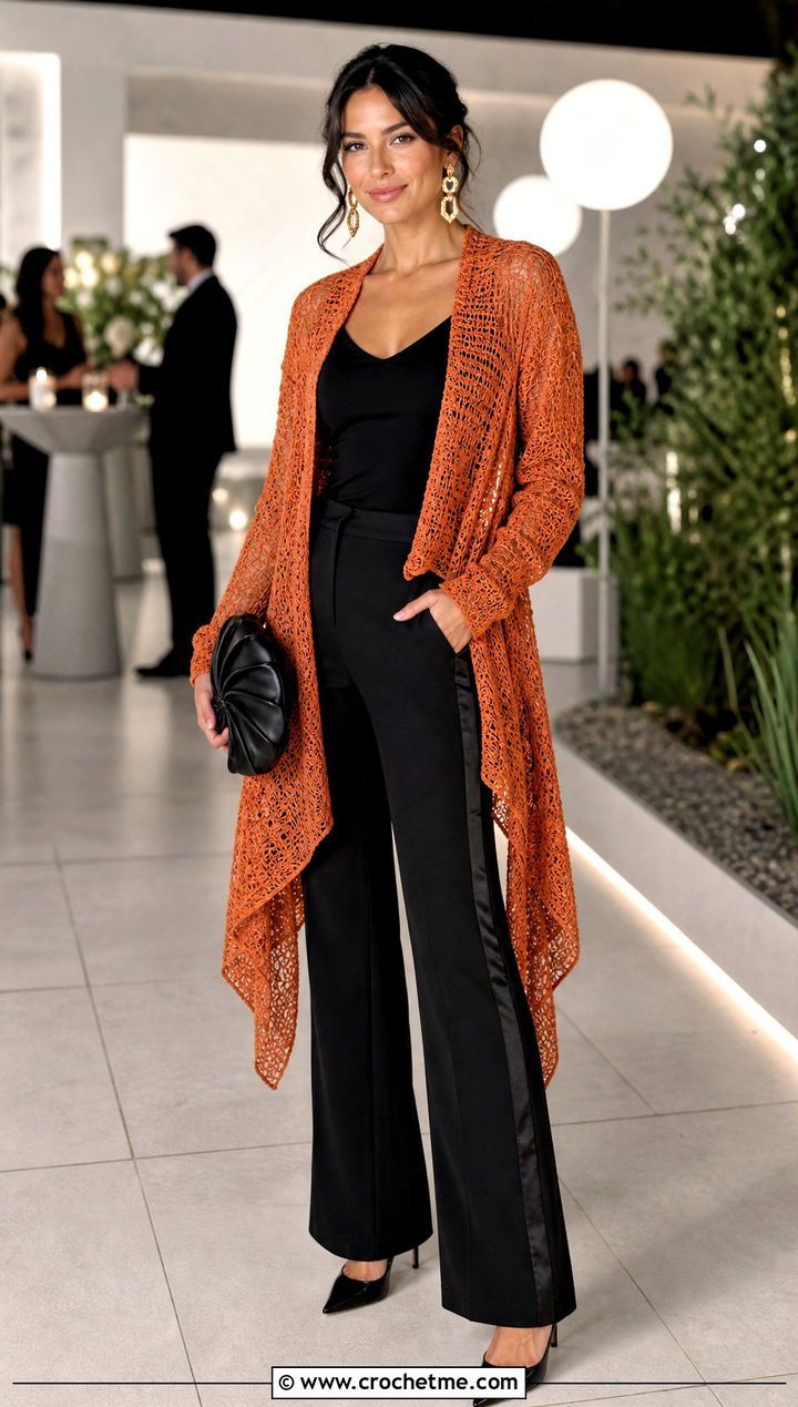 Asymmetrical Hem One Piece Crochet Cardigan With Tuxedo Pants - 35 one piece crochet cardigan outfit ideas